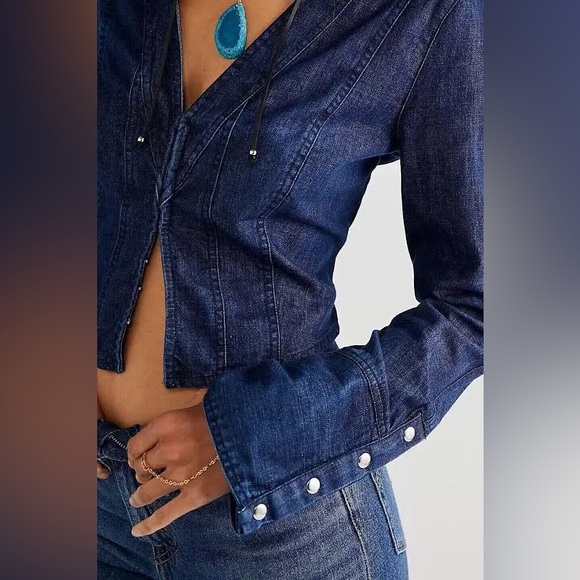 🎉LAST PIECE🎉 Free People Caroline Blouse Top Corset Long Sleeves Denim - Picture 4 of 8